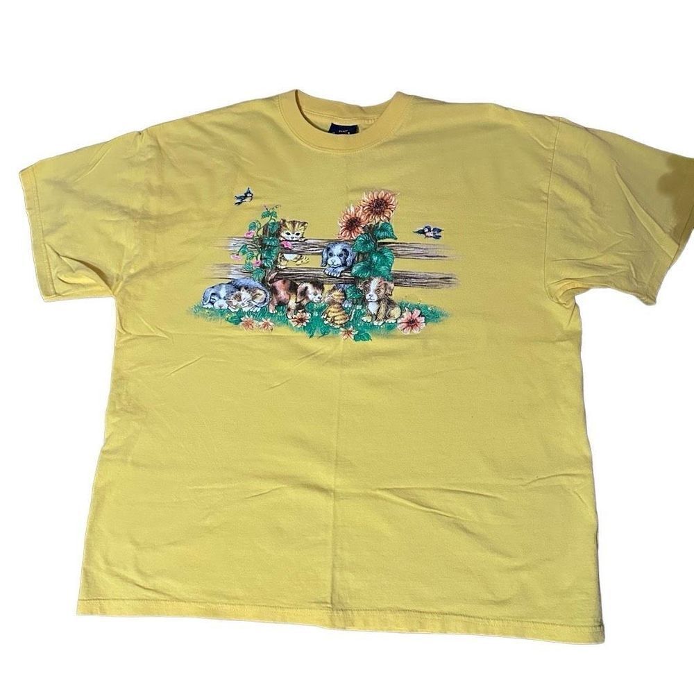 Vintage 90s Women’s Glitter Puppy Nature Print T Shirt Yellow Cottage Sz XL